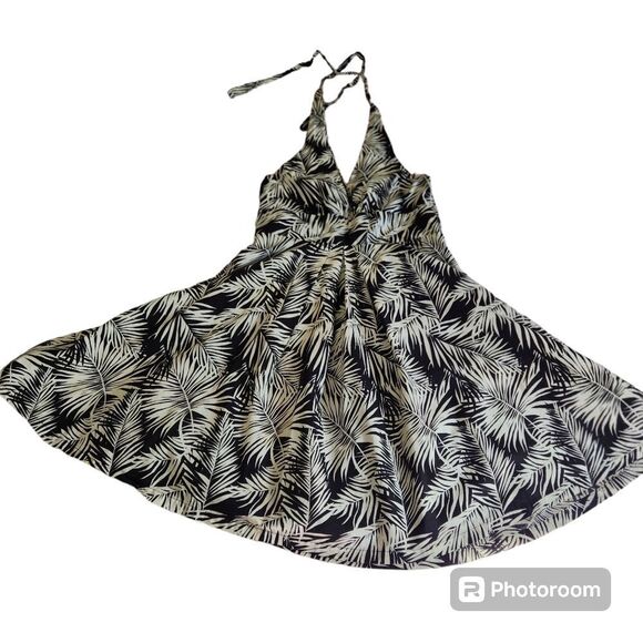 VINTAGE H&M Palm Leaf Print Halter Dress Black and White Flair Skirt fully lined - Picture 7 of 14